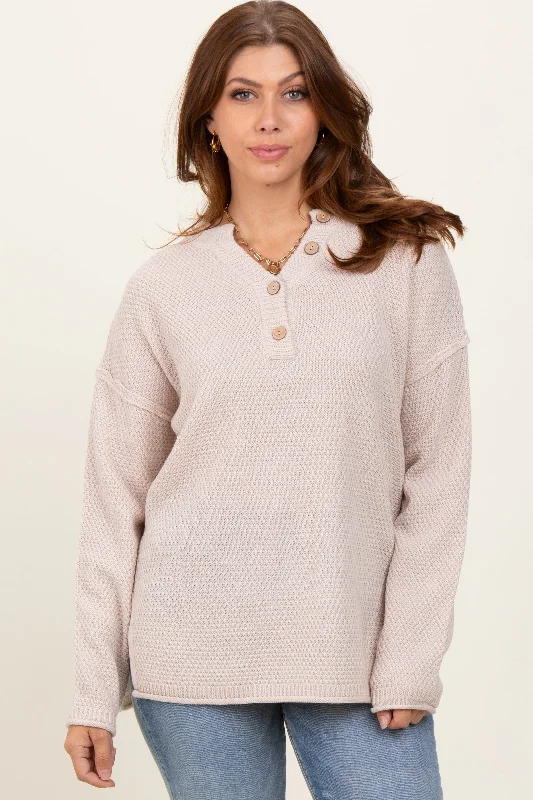 Beige Diamond Knit Button Detail Sweater Handmade Hand-knitted Hand-woven