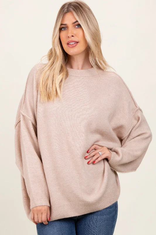 Beige Oversized Crewneck Melange Knit Sweater Oversized Loose Flowy