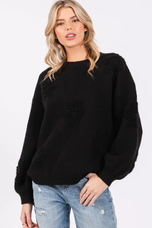 BLACK CREW NECK 3D FLORAL MOTIF LONG SLEEVES SWEATER SO7019T Handmade Hand-knitted Hand-woven