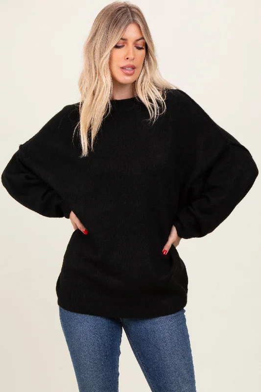 Black Oversized Crewneck Melange Knit Sweater Cotton Fabric Linen Fabric Terry Fabric