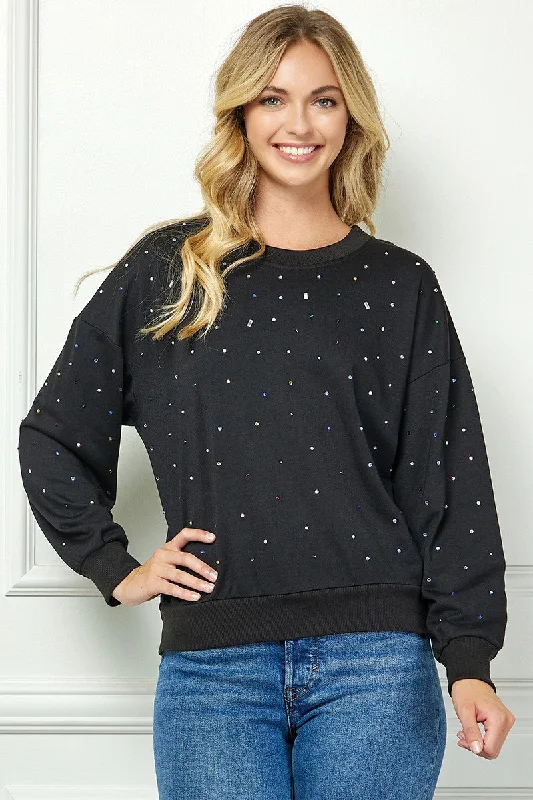 BLACK RHINESTONE DETAILED LONG SLEEVES KNIT SWEATER AVT10609K Fleece Fabric Down Fabric Feather Fabric