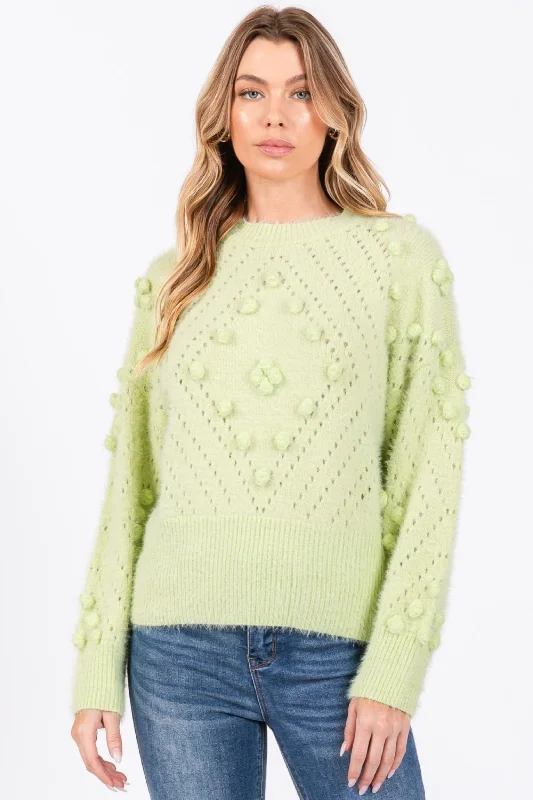 MINT MOHAIR POM POM LONG SLEEVES SWEATER SO7013T Chenille Blend Fleece Blend Nylon Blend