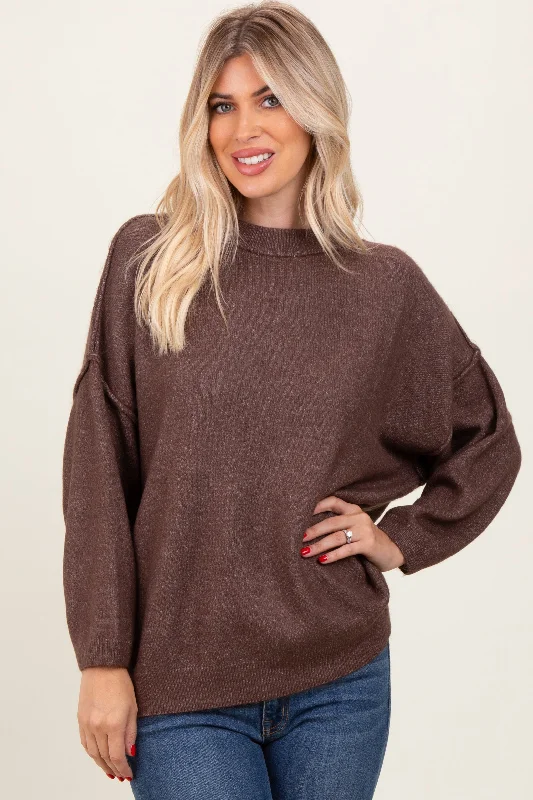 Brown Oversized Crewneck Melange Knit Sweater Modern Contemporary Chic