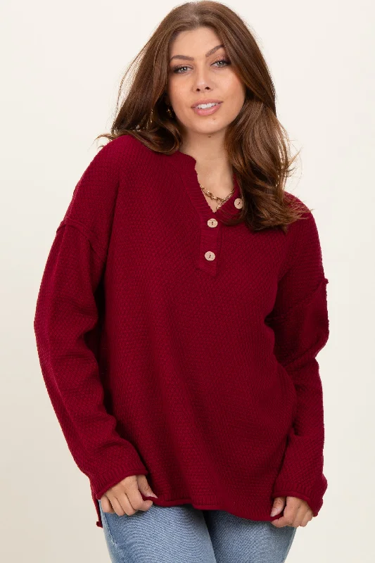 Burgundy Diamond Knit Button Detail Sweater Elegant Classic Vintage