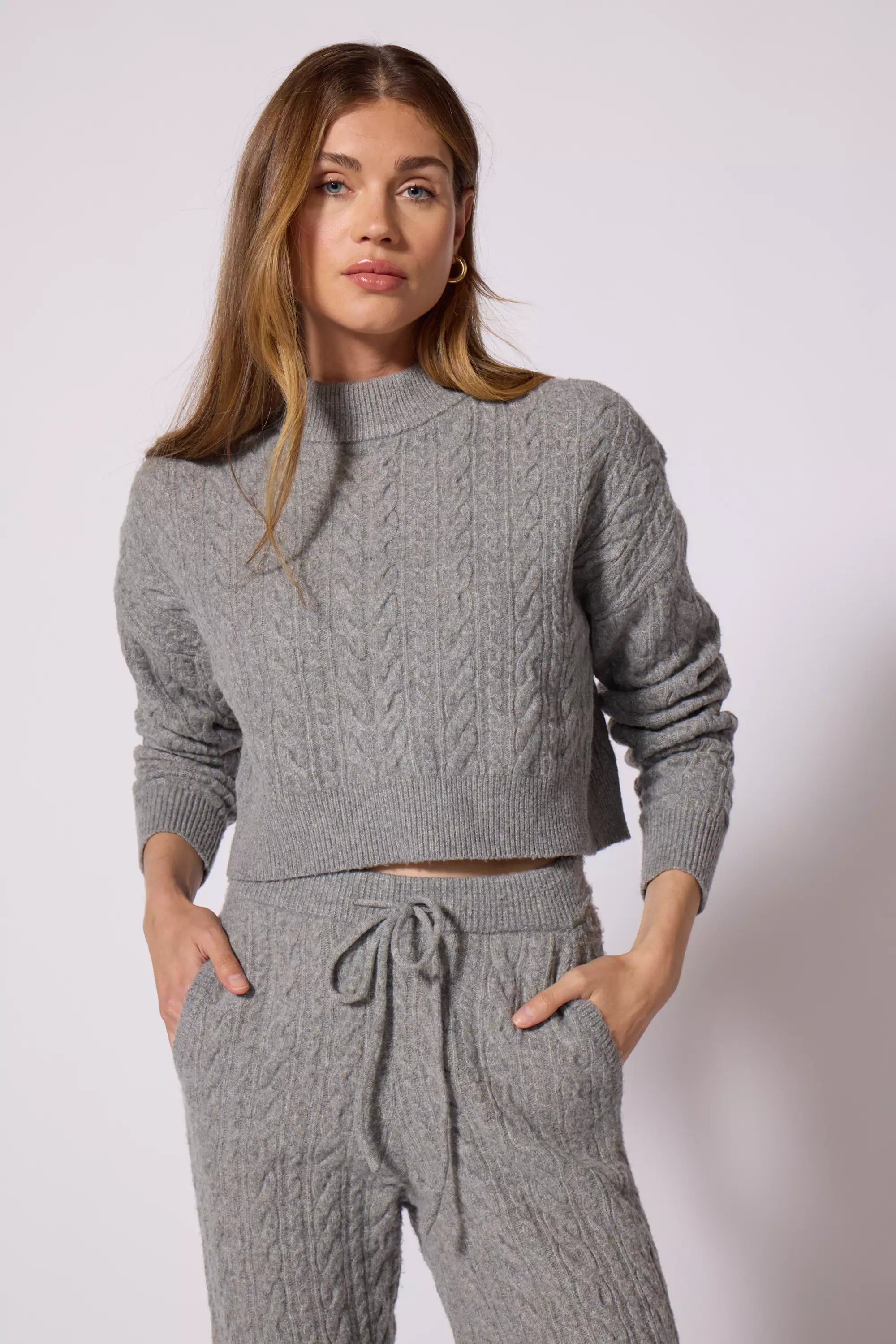 Cable Knit Cropped Sweater - Htr Steel Grey Satin Fabric Silk Fabric Chiffon Fabric