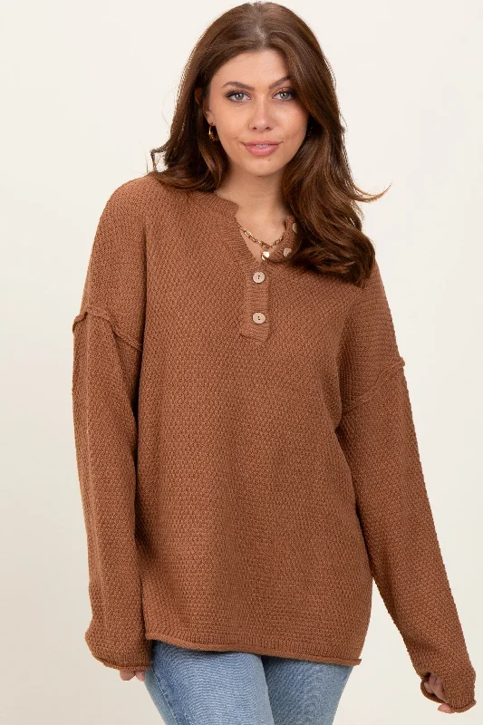 Camel Diamond Knit Button Detail Sweater Soft Cozy Warm