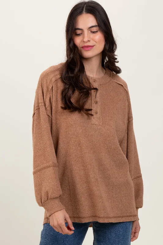 Camel Oversized Ribbed Knit Henley Sweater Soft Cozy Warm