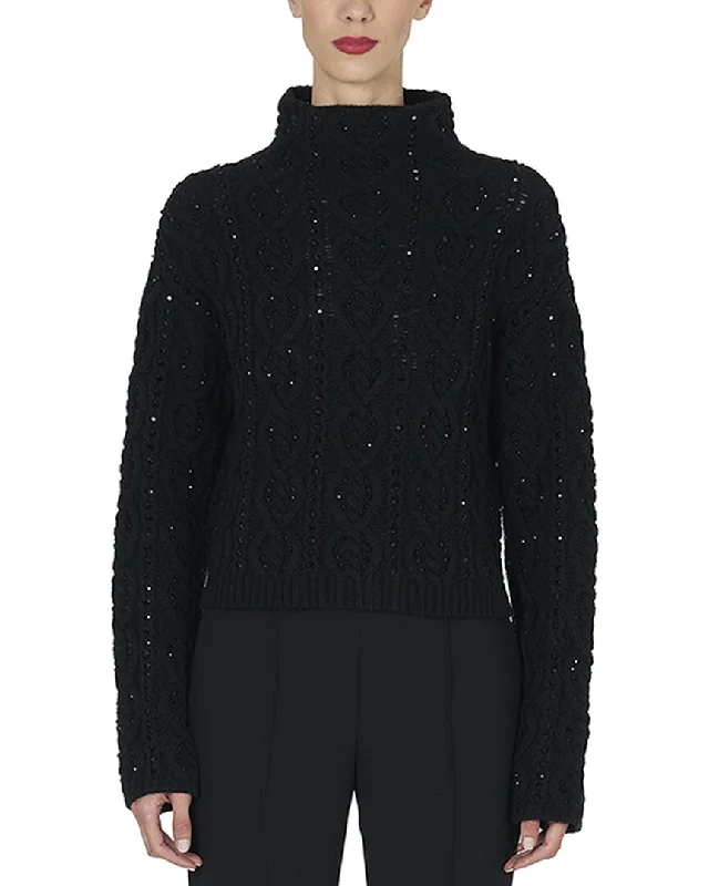 Carolina Herrera Embellished Funnel Neck Cable Wool& Cashmere-Blend Sweater Satin Blend Silk Blend Wool Blend