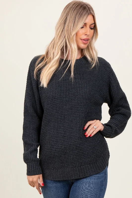 Charcoal Waffle Knit Rounded Hem Sweater High Neck Crew Neck V-Neck