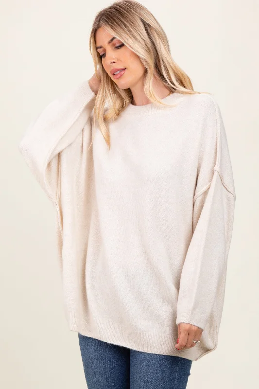 Cream Oversized Crewneck Melange Knit Sweater Cable Knit Ribbed Knit Lace Knit