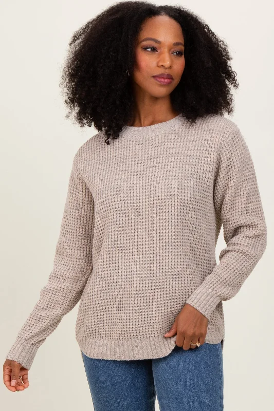 Dark Beige Waffle Knit Rounded Hem Sweater Stretchy Elastic Breathable