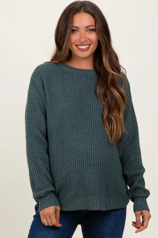 Dark Jade Waffle Knit Rounded Hem Maternity Sweater Boxy Sweater Fitted Sweater A-Line