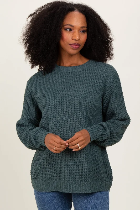 Dark Jade Waffle Knit Rounded Hem Sweater Transparent Opaque Sheer