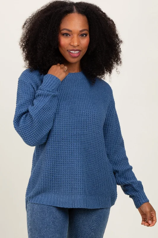 Dark Periwinkle Waffle Knit Rounded Hem Sweater Cashmere Blend Cotton Blend Poly Blend