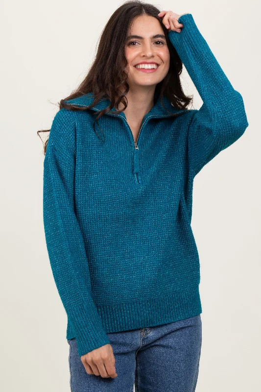 Deep Teal Half Zip Pullover Sweater Real Fur Shearling Chenille