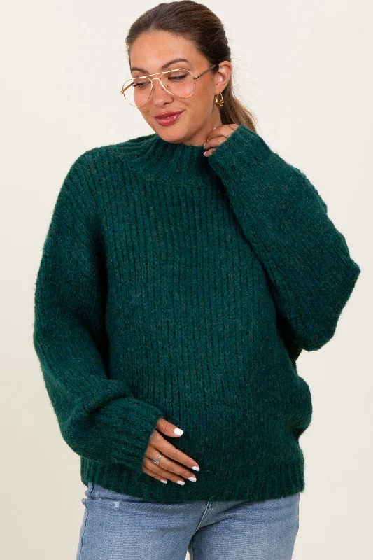 Forest Green Chunky Knit Mock Neck Maternity Sweater Fitted Loose Oversized