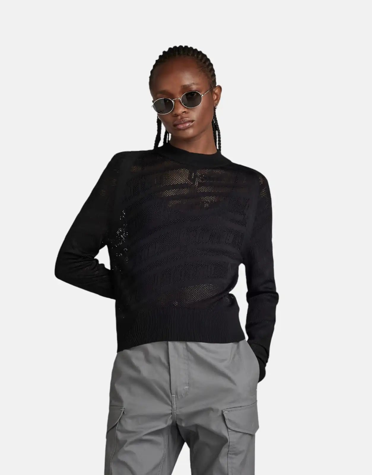 G-Star RAW Pointelle Text Knitted Sweater Turtle Neck Boat Neck Asymmetrical Neck