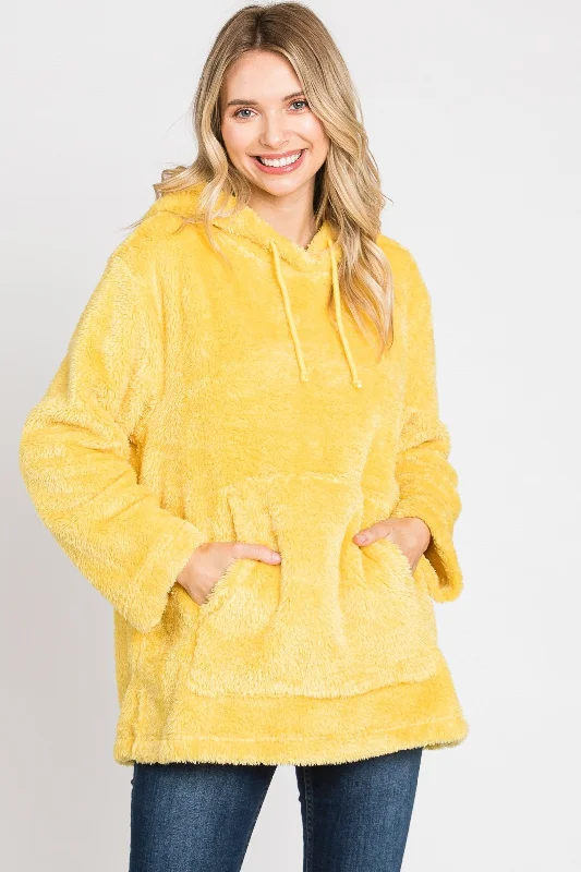 GOLDEN YELLOW FAUX TERRY LONG SLEEVES PULLOVER HOODIE TUNIC SWEATER SO3474TM Iron Safe Non-Iron Wrinkle Free