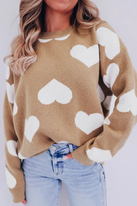 Heart Round Neck Long Sleeve Sweater Thin Thick Dense