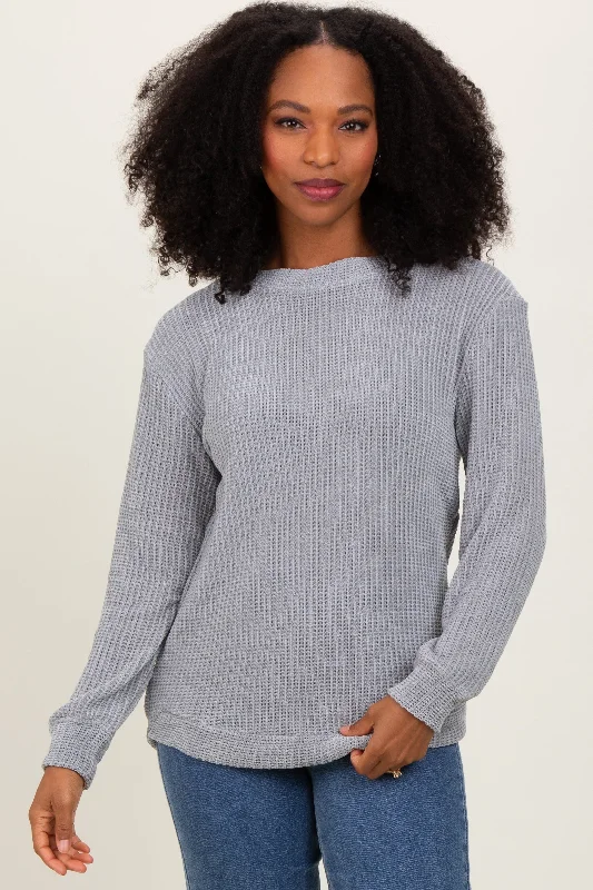 Heather Grey Chenille Knit Sweater Welt Pockets Slit Pockets Flap Pockets