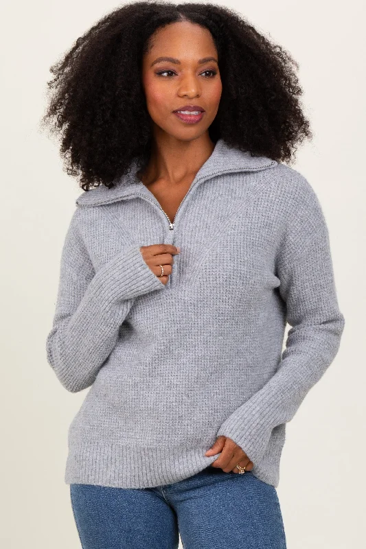 Heather Grey Half Zip Pullover Sweater Notch Collar Peter Pan Collar Cowl Neck