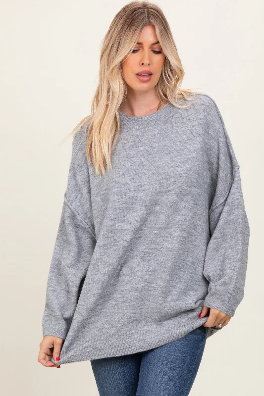 Heather Grey Oversized Crewneck Melange Knit Sweater Transparent Opaque Sheer