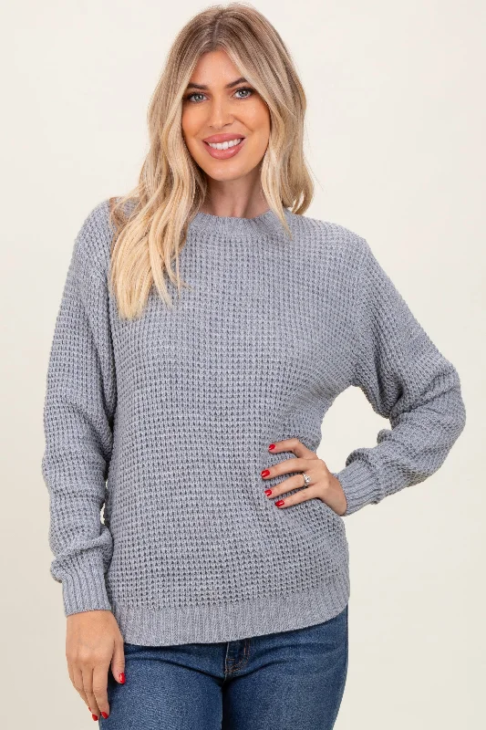 Heather Grey Waffle Knit Rounded Hem Sweater Striped Floral Plaid