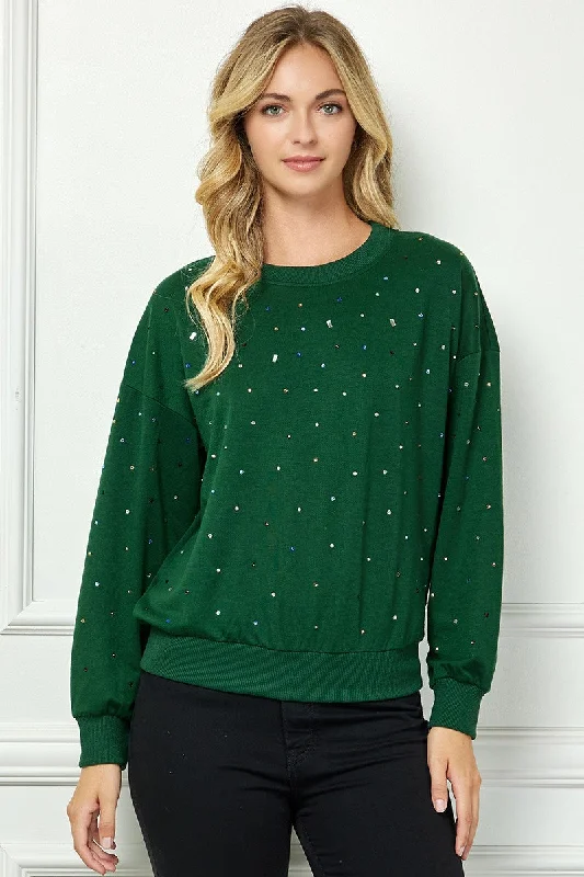 HUNTER GREEN RHINESTONE DETAILED LONG SLEEVES KNIT SWEATER AVT10609K Front Pockets Side Pockets Patch Pockets