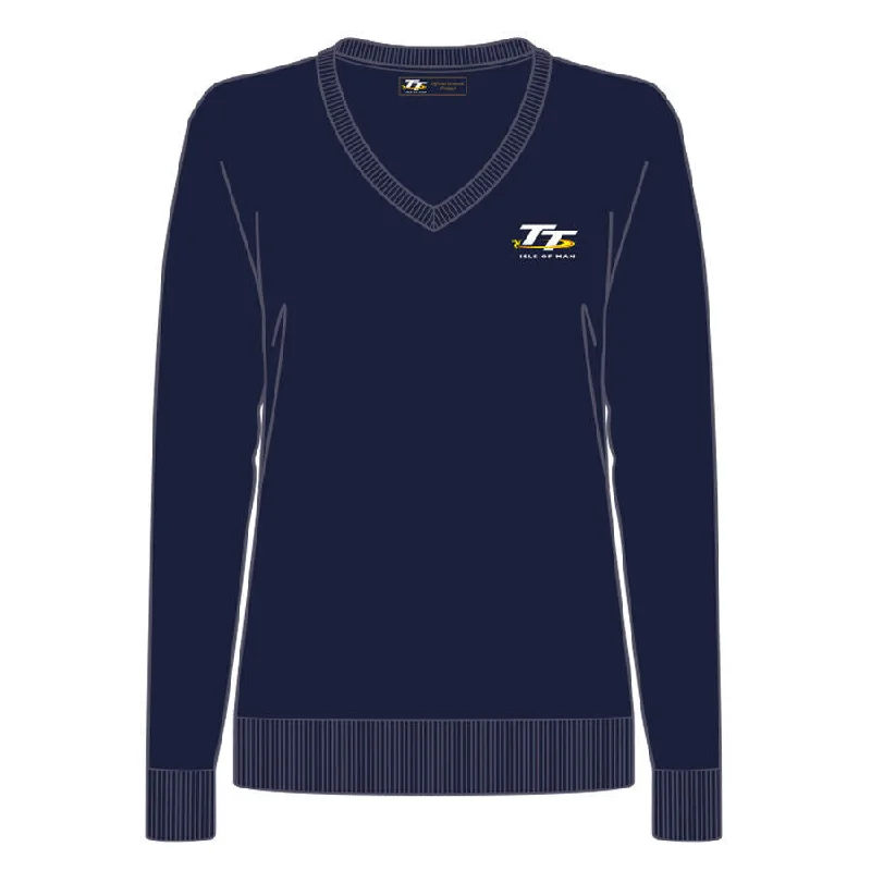 Isle Of Man TT Races Official Ladies Blue V Neck Jumper - 20Ljst Terry Terry Cloth Terry Knit