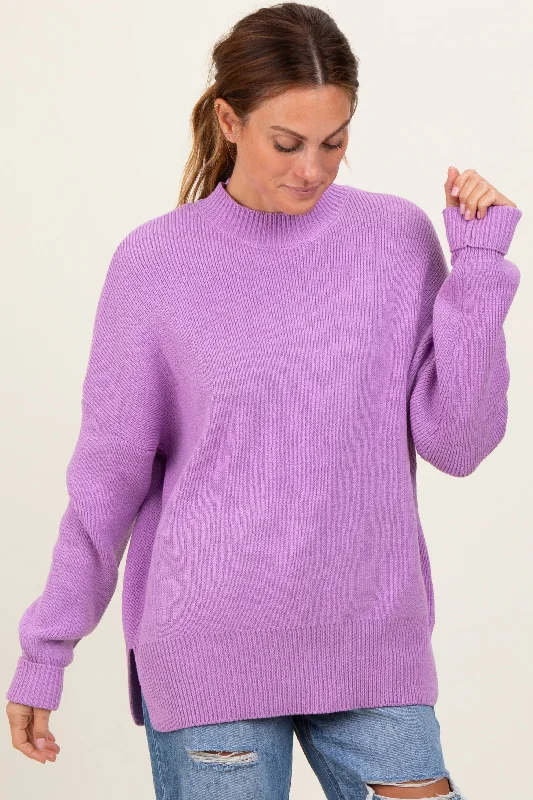 Lavender Mock Neck Basic Sweater Handmade Hand-knitted Hand-woven