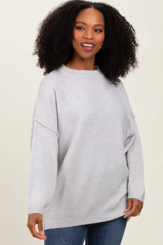 Light Grey Oversized Crewneck Melange Knit Sweater Glossy Satin Silk