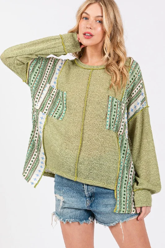 LT. OLIVE ROUND NECK BOHO CONTRAST SWEATER CFTEU13761PA Mesh Sweater Canvas Denim