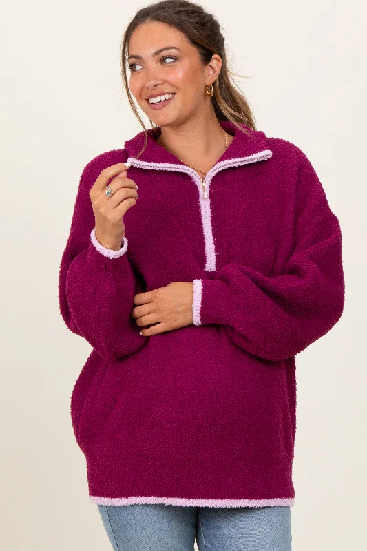 Magenta Soft Fuzzy Knit Quarter Zip Maternity Pullover Sweater Rayon Fabric Velvet Fabric Corduroy Fabric