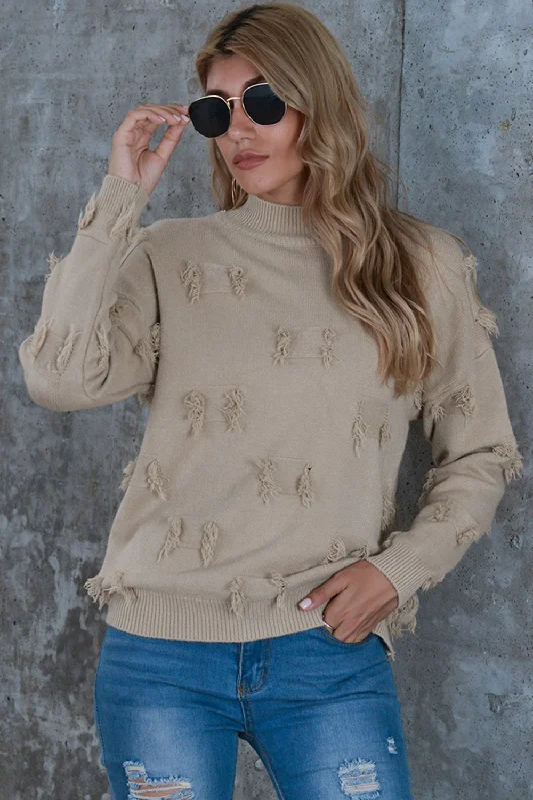 Mock Neck Frayed Trim Sweater Handmade Hand-knitted Hand-woven