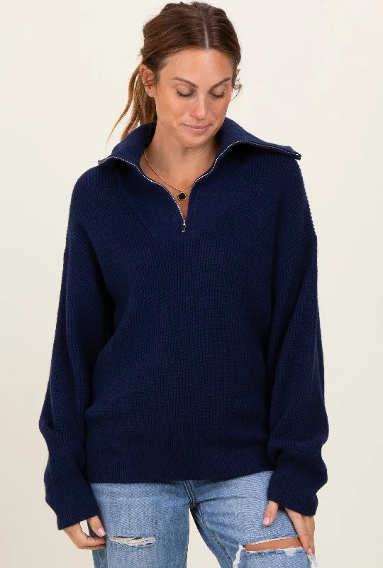 Navy Half Zip Chunky Knit Pullover Sweater Collared Crew Neck Turtle Neck