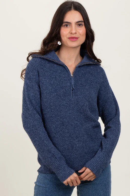 Navy Half Zip Pullover Sweater Chenille Blend Fleece Blend Nylon Blend