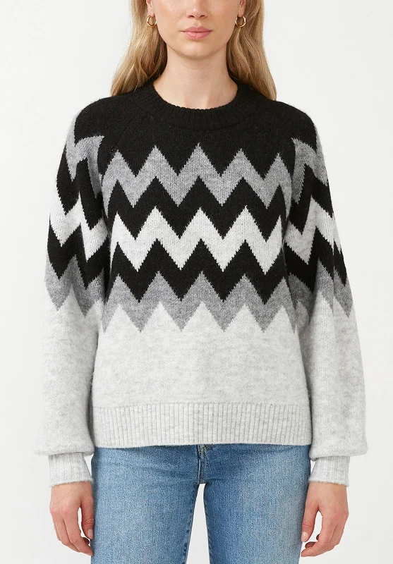 Nerissa Women's Crewneck Sweater in Black & Grey Chevron Print - SW0023F Fitted Slim Tailored