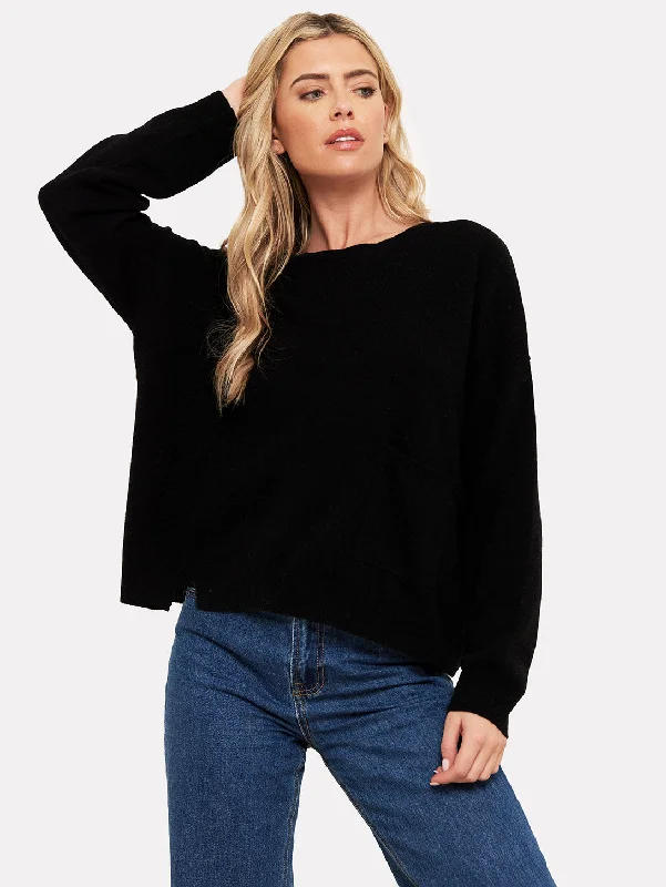 Pepper Split Hem Sweater - Black Graphic Sweater Embroidered Appliqued