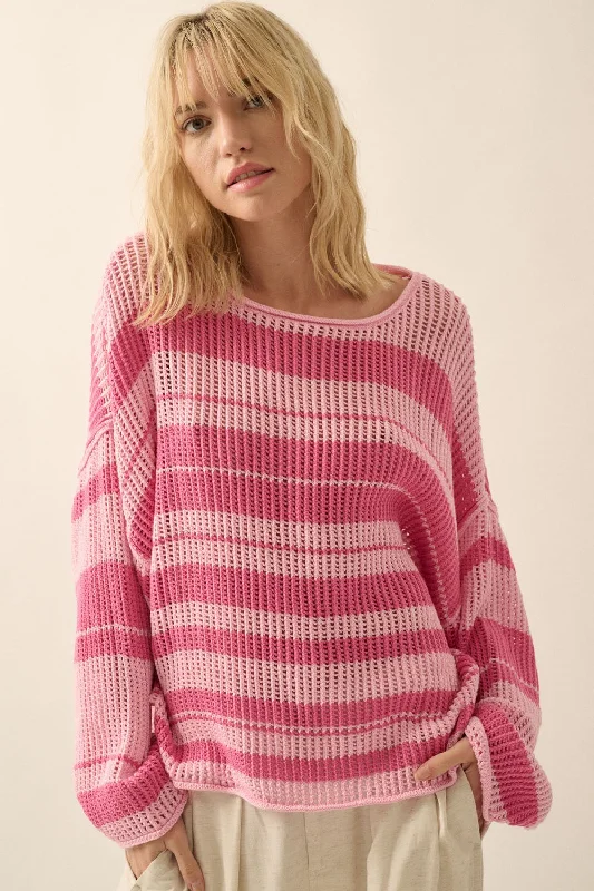 Pink Oversized Stripe Colorblock Crochet Knit Sweater Welt Pockets Slit Pockets Flap Pockets