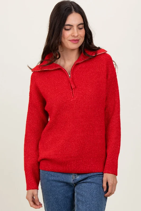 Red Half Zip Pullover Sweater Denim Fabric Leather Fabric Suede Fabric