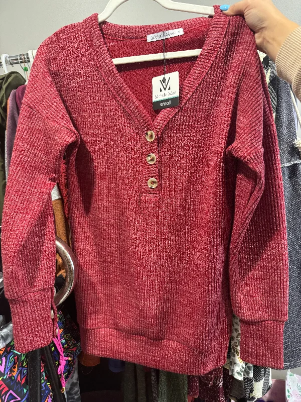 Red Michelle Mae button sweater Houndstooth Herringbone Solid