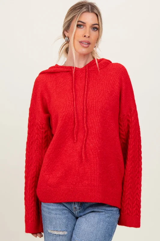 Red Mixed Knit Hooded Sweater Terry Terry Cloth Terry Knit