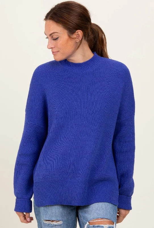 Royal Blue Mock Neck Basic Sweater Front Pockets Side Pockets Patch Pockets