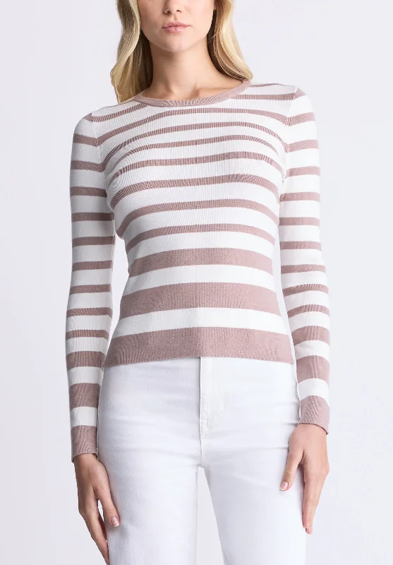 Scotlyn Women's Striped Long-Sleeve Sweater, White & Tan - SW0103H Solid Print Embellished