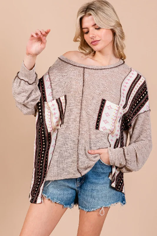 TAUPE ROUND NECK BOHO CONTRAST SWEATER CFTEU13761PA Boxy Sweater Fitted Sweater A-Line