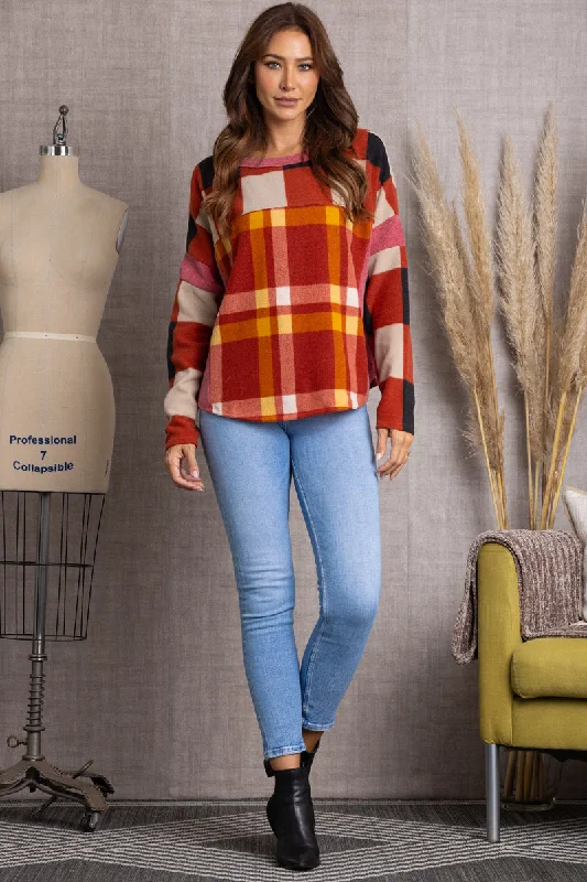 RUST MULITICOLOR PLAID LONG SLEEVES SWEATER TJ10939PA Terry Blend Velvet Blend Canvas Blend