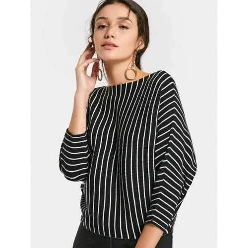 Stripes Batwing Sleeve Loose Sweater - Black One Size Striped Floral Plaid