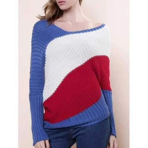 Sweet Style Scoop Neck Batwing Sleeve Color Stripe Knitting Women's Sweater - Blue One Size Zippered Buttoned Snapped