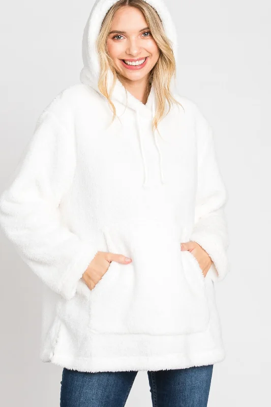 WHITE FAUX TERRY LONG SLEEVES PULLOVER HOODIE TUNIC SWEATER SO3474TM Modern Contemporary Chic