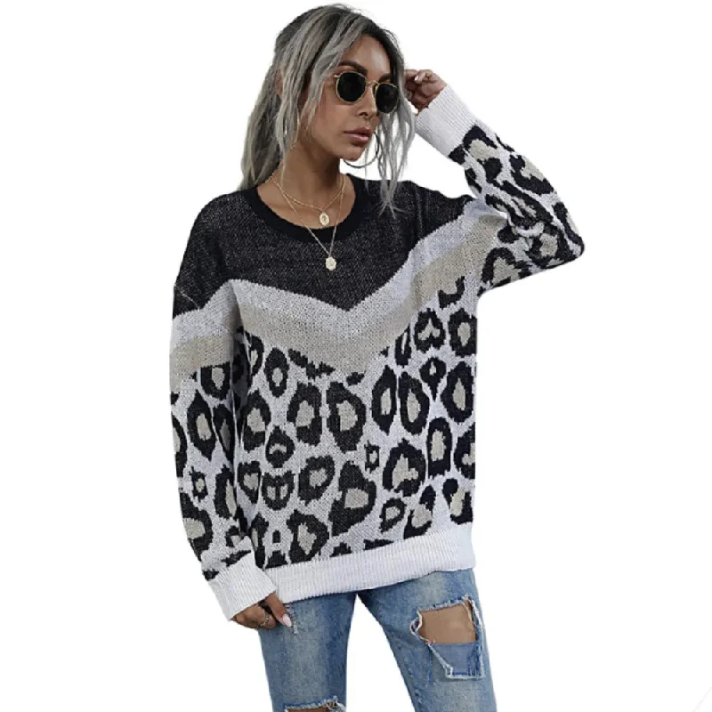 Womens Leopard Print Round Neck Sweater Stylish Fashionable Trendy